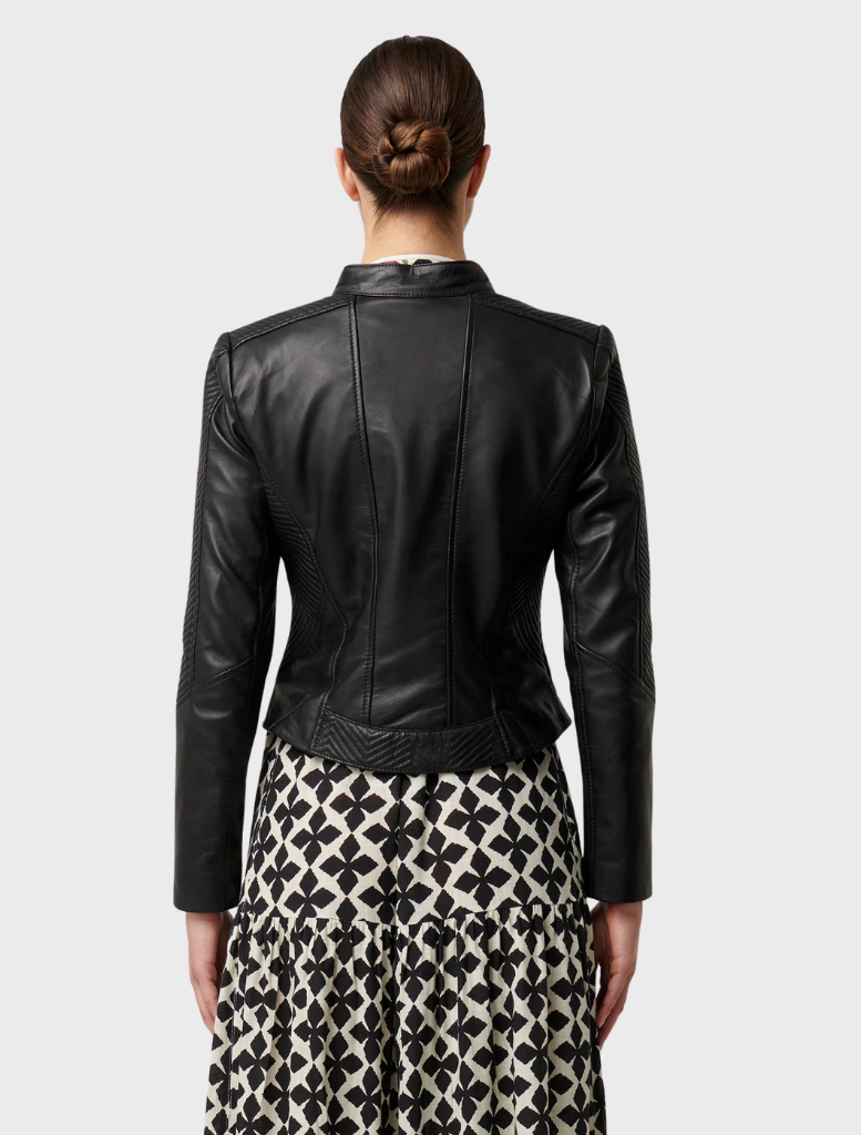 Blaire Leather Herringbone Stitch Detail Jacket - Black