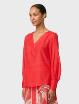 Calissa Cotton Silk V-Neck Blouse - Crimson