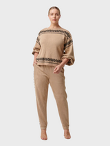 Everley Faux Suede Contrast Embroidered Panel Elasticated Jogger - Wheat