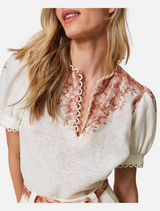 Linen Blouse with Floral Print -  Papaya Print