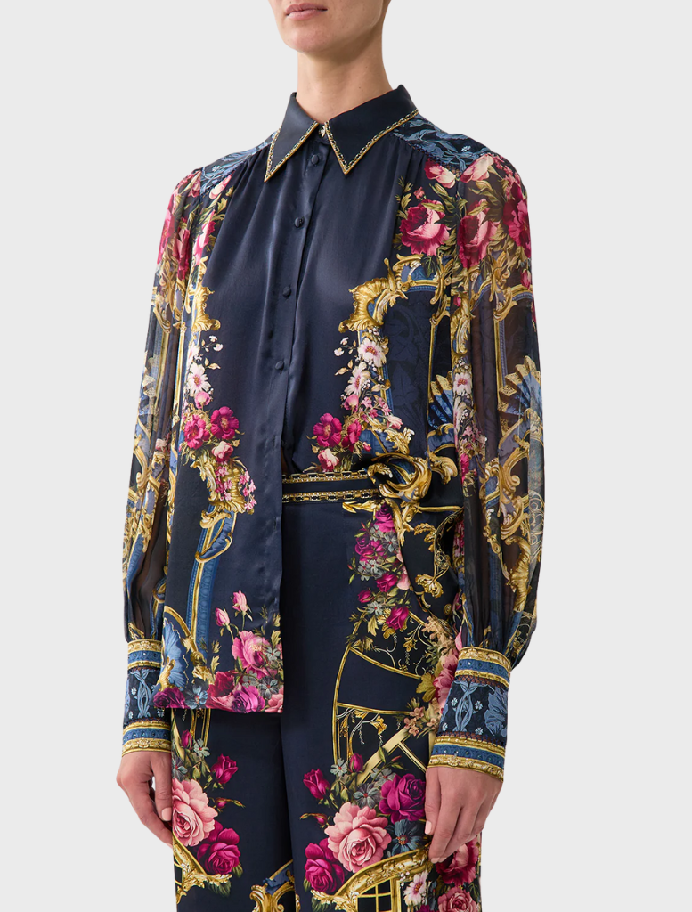 Button Through Blouson Sleeve Blouse - Ornate On A Plate