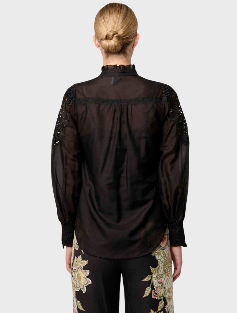 Sevilla Cotton Silk Custom Lace Detail Shirt - Onyx