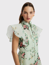 Elsie Flutter Sleeve Midi Dress - Posy Print in Mint