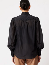 Florence Cotton Silk Gathered Collar Embriodered button Shirt | Black