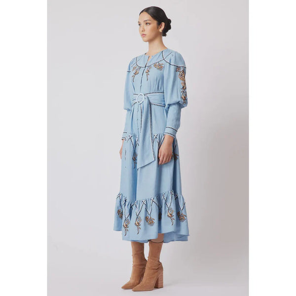 Getty Placement Embroidered Tencel Pleat Sleeve Maxi Dress - Chambray