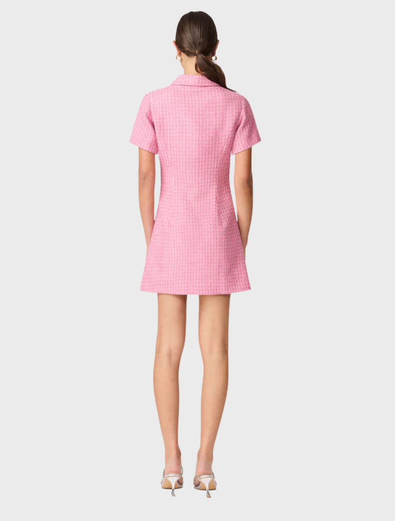 A model Shows the back view of  pink shirt dress.