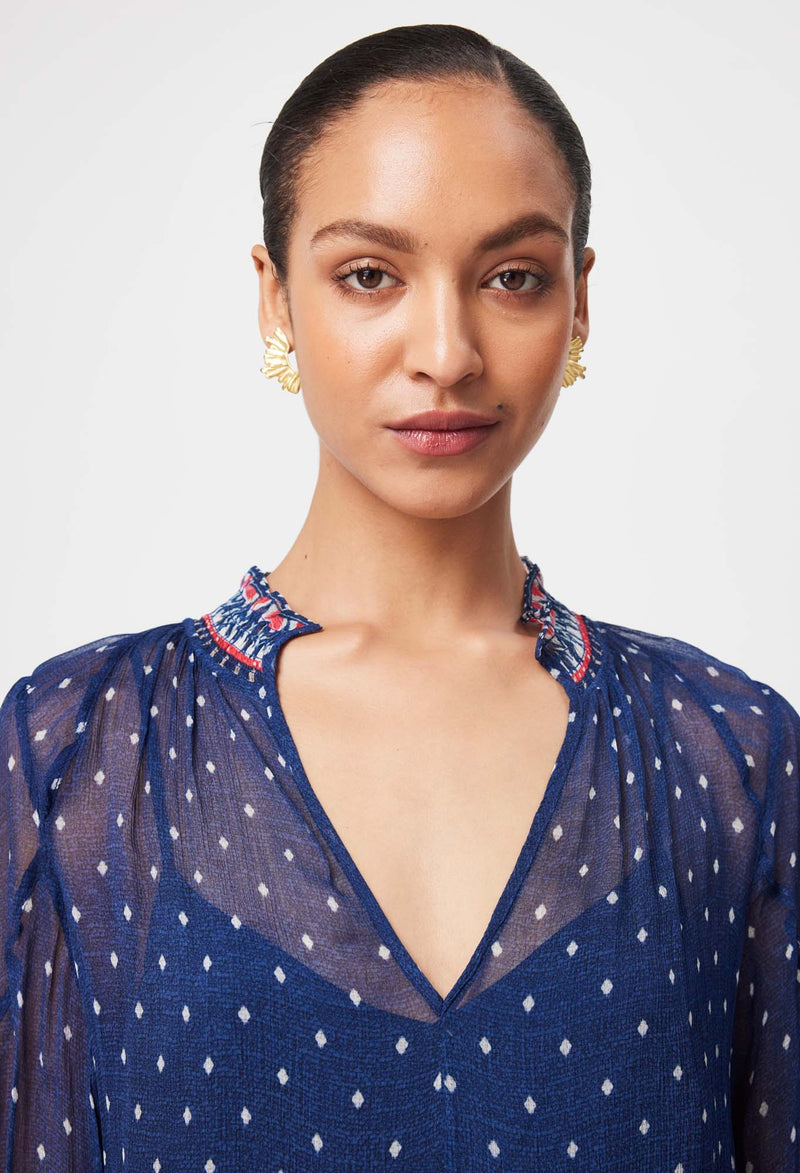 Pheonix Contrast Shirred Collar & Cuffs Viscose Chiffon Blouse - Lapis Spot