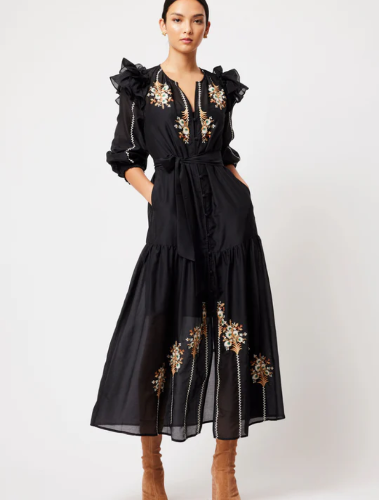 Aquila Cotton Silk Ruffle Sleeve Emboirdered Maxi Dress | Black