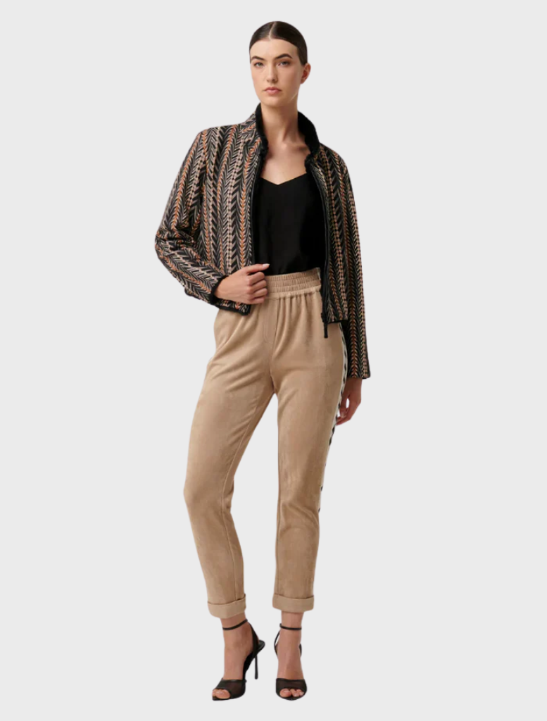 Everley Faux Suede Contrast Embroidered Panel Elasticated Jogger - Wheat