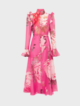 Katrina Butterfly Sleeve Midi Dress - Peony Print in Fuchsia