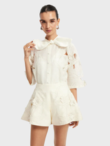 Brooklyn Applique Bow Puff Sleeve Top - Snow