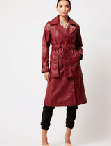 Astra Raglan Sleeve Detailed   Leather  Trench  Coat  - Scarlet