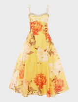 Mariela Embellished Midi Dress - Peony Print in Yellow