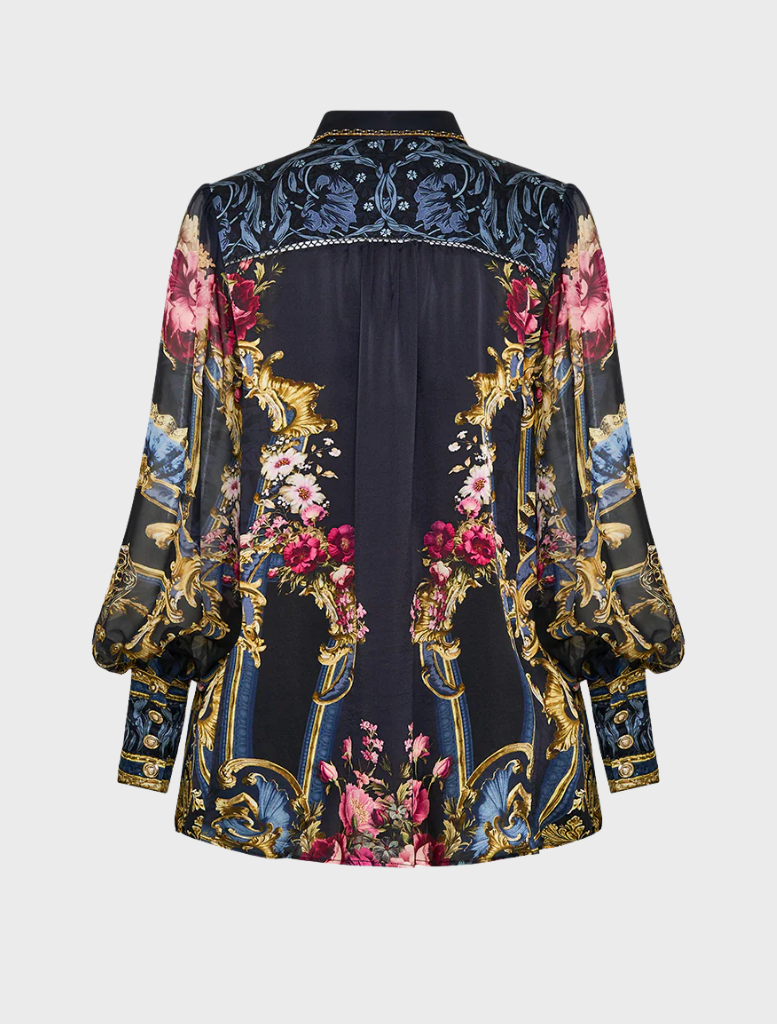 Button Through Blouson Sleeve Blouse - Ornate On A Plate