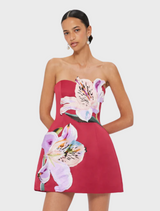 Rosario Appliqué Floral Bustier Mini Dress - Lily Print in Oxblood