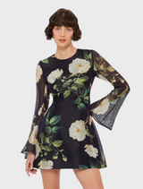 Suzanne Bell Sleeve Mini Dress - White Rose Print