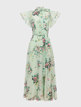 Elsie Flutter Sleeve Midi Dress - Posy Print in Mint