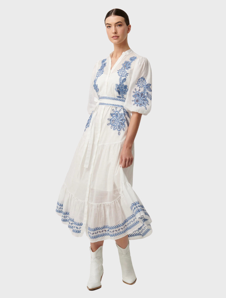 Gabriette Embroidered Cotton Slub Dress - Milk