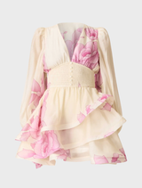Rova Long Sleeve Mini Dress - Cream & Pink Floral
