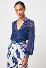 Pheonix Contrast Shirred Collar & Cuffs Viscose Chiffon Blouse - Lapis Spot