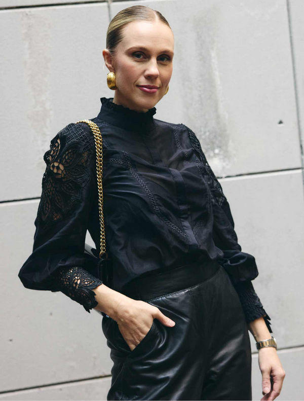 Sevilla Cotton Silk Custom Lace Detail Shirt - Onyx