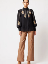 Florence Cotton Silk Gathered Collar Embriodered button Shirt | Black