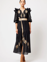 Aquila Cotton Silk Ruffle Sleeve Emboirdered Maxi Dress | Black