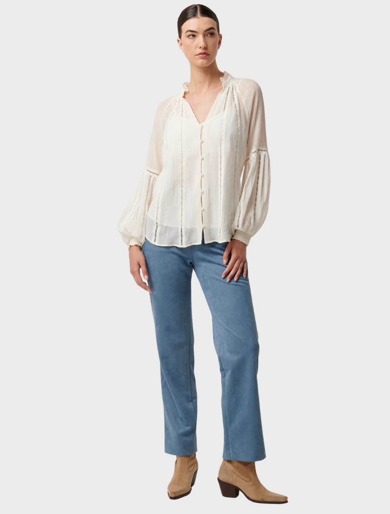 Kinsley Crinkle Cotton Silk Lace Blouse - Milk