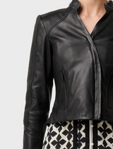 Blaire Leather Herringbone Stitch Detail Jacket - Black