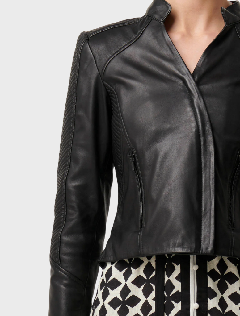 Blaire Leather Herringbone Stitch Detail Jacket - Black