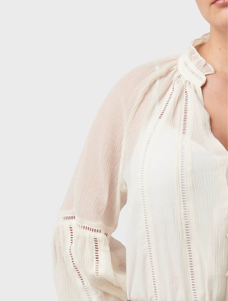 Kinsley Crinkle Cotton Silk Lace Blouse - Milk