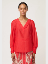 Calissa Cotton Silk V-Neck Blouse - Crimson