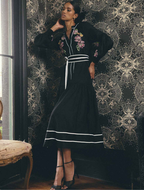 Petite Catalina Embroidered Cotton Silk Dress - Black Flores