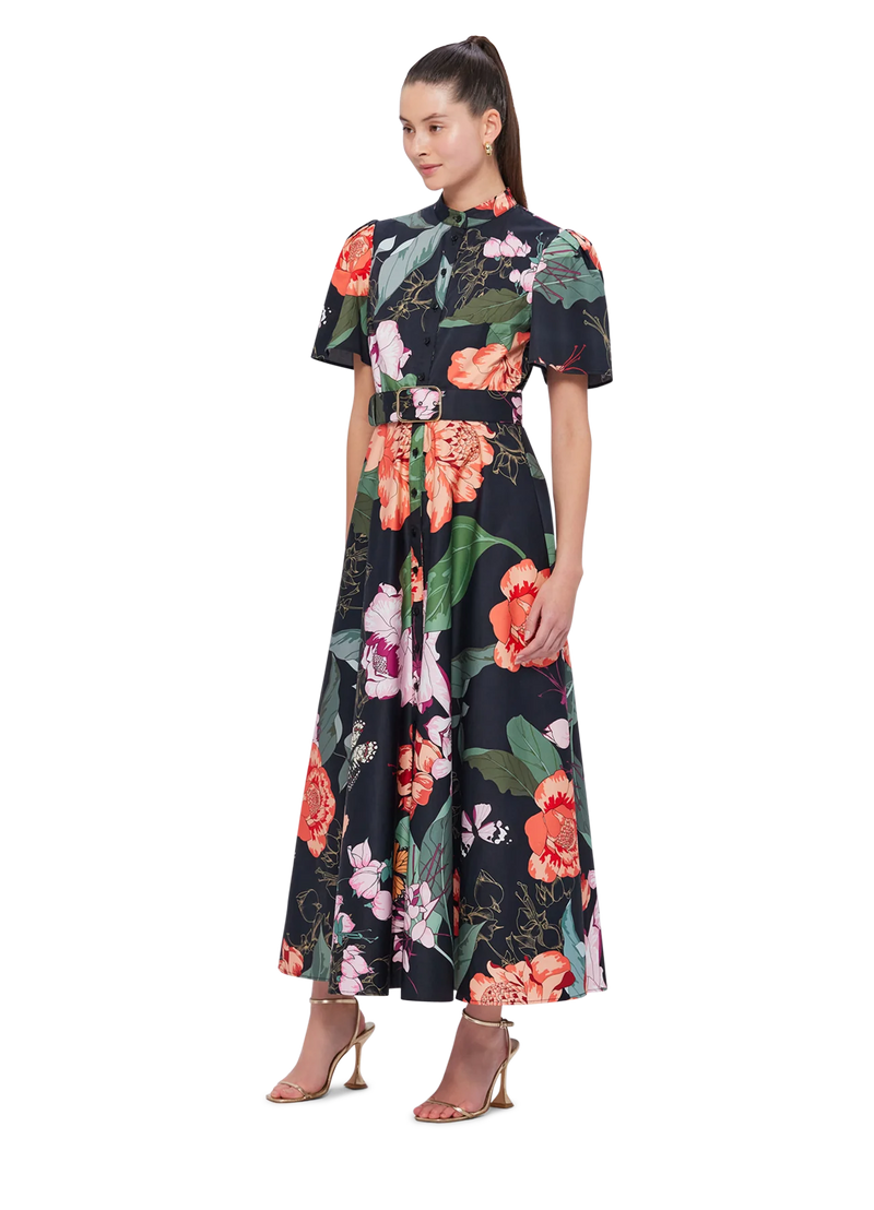 Bianca Short Sleeve Midi Dress - Lush Print in Black