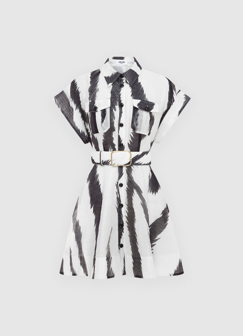 Billie Pocket Shirt Mini Dress - Tiger Print in White