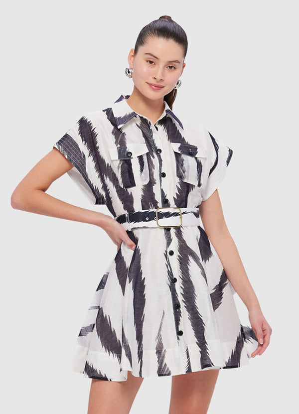 Billie Pocket Shirt Mini Dress - Tiger Print in White