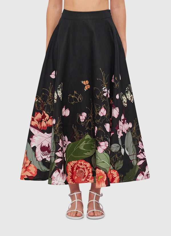 Irene Midi Skirt - Lush Print in Black