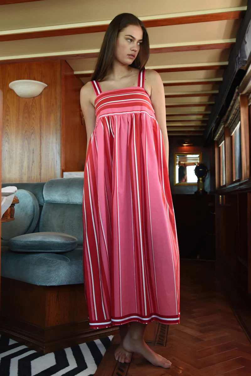 pink and red striped dress Pleated Strappy Maxi Dress-Red/Pink L The structured bodice creates a flattering Rosy Stripe Dress - Pink/Red