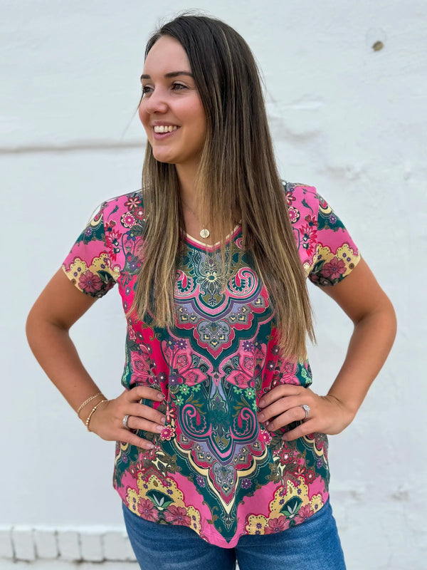 The Janie Favorite Shirt Sleeve V-Neck Tee - Paisley melody