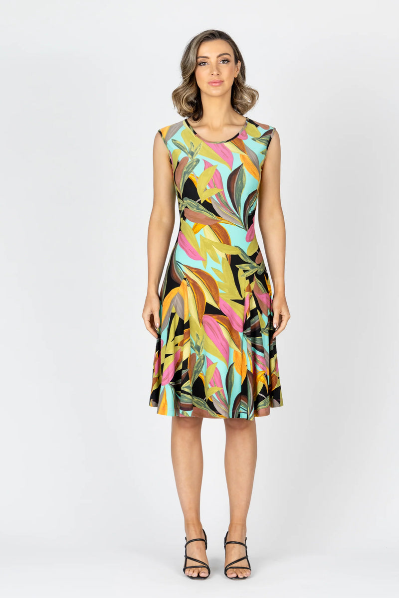 Elixir Cap Sleeve Godet Dress - Multi Leaves