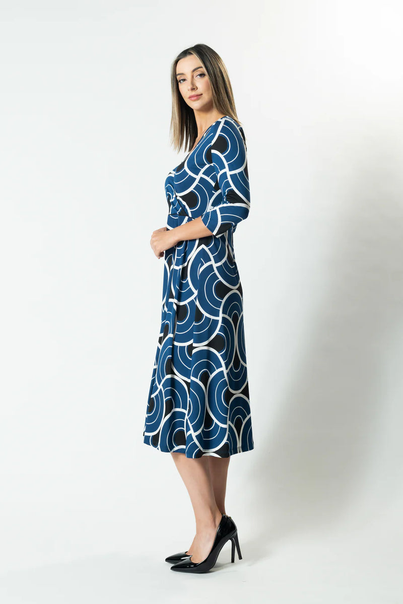 Horizons Wrap Front A-Line Dress - Teal Circles Mariko Boutique Horizons Wrap Front A-Line Dress - Teal Circles Mariko Boutique