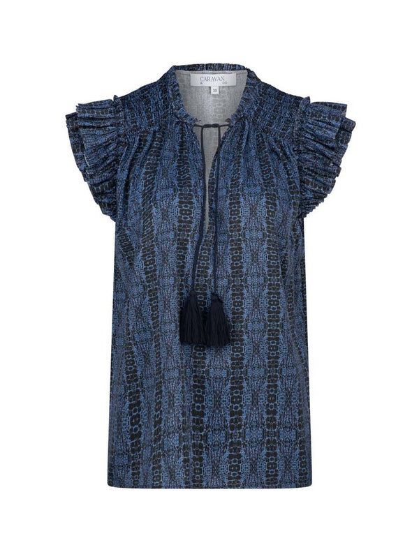 FORCE OF NATURE RUFFLE NECK BLOUSE- NAVY PRINT