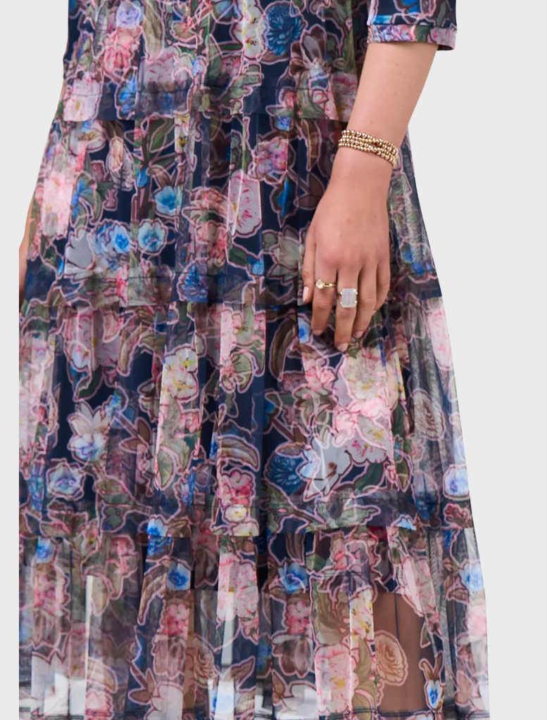 A floral dress, featuring vibrant patterns. 
