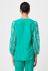 Morgan Placement Embroidered Cotton Silk Blouse - Bay Green