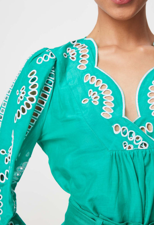 Morgan Placement Embroidered Cotton Silk Blouse - Bay Green