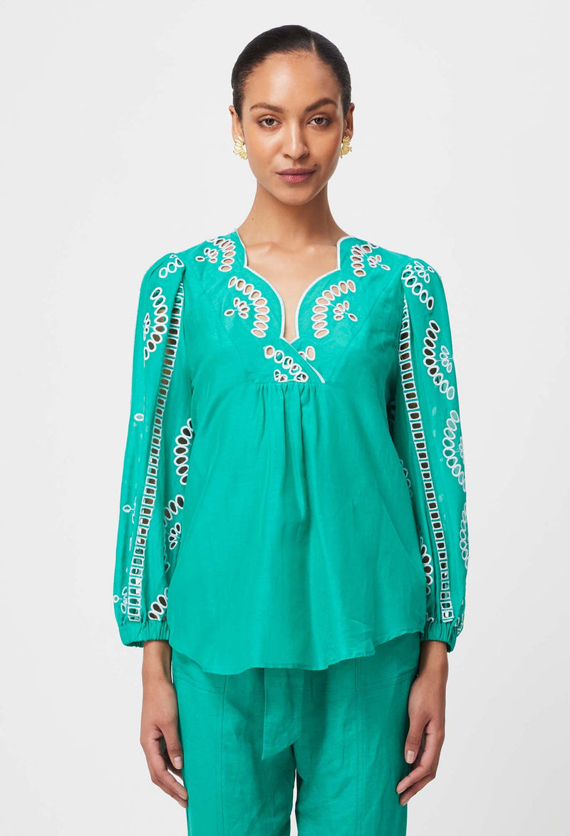 Morgan Placement Embroidered Cotton Silk Blouse - Bay Green