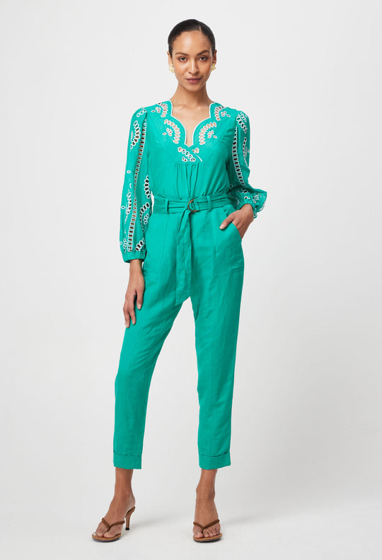 Morgan Placement Embroidered Cotton Silk Blouse - Bay Green