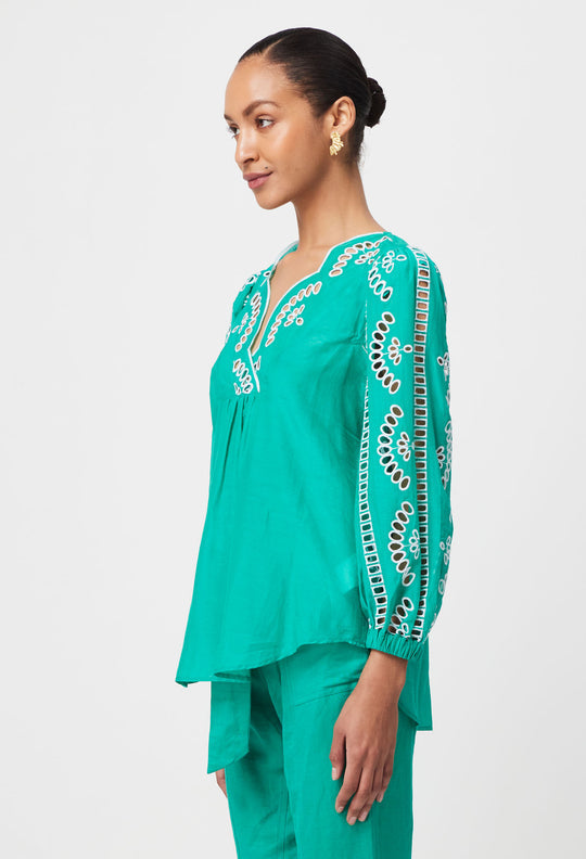 Morgan Placement Embroidered Cotton Silk Blouse - Bay Green