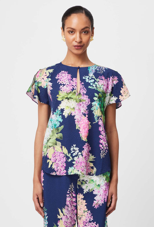 Augustine Waterfall Sleeve Viscose Dobby Top - Navy Wisteria