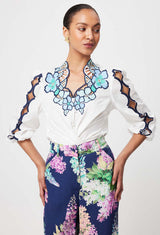 Cristina Placement Embroidered Cotton Blouse - Ivory Bay